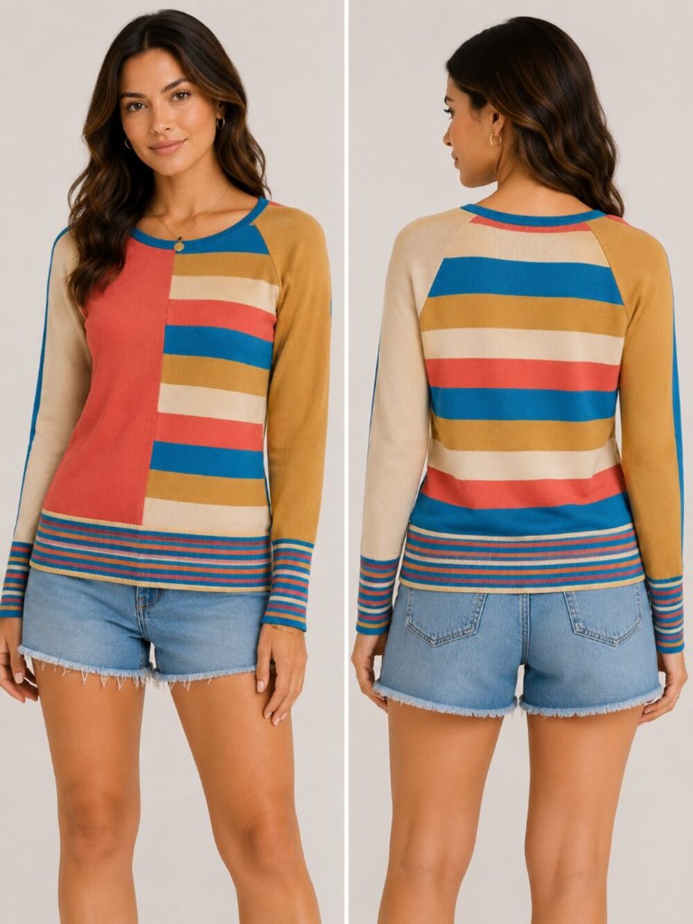 Retro 80s Colorblock Stripe Knit Sweater Indie Rainbow Vero Moda S/M